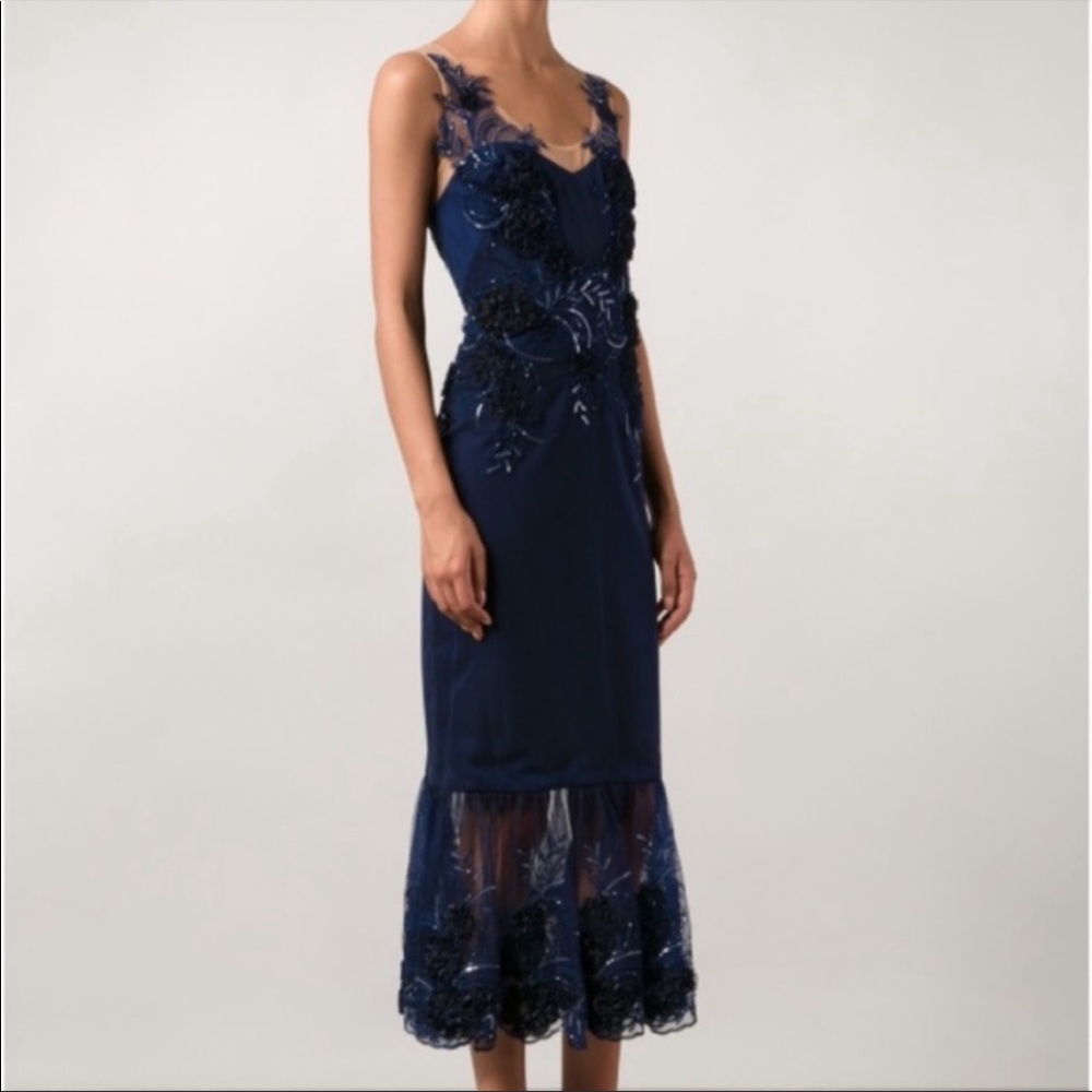Marchesa Notte Blue Floral Embroidered Dress